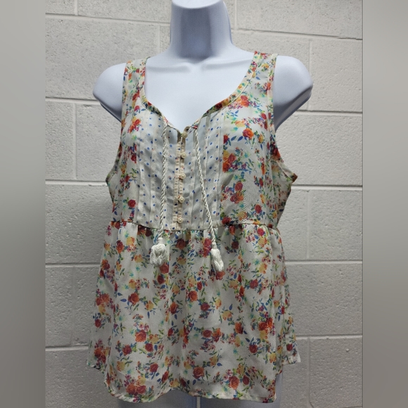Arizona Jean Co Scoop Neck Babydoll Top Size L Closure Button & TASSLE TIE - Picture 1 of 8